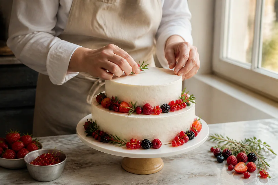 Gâteau de mariage préparé dans un atelier — illustration générée par IA