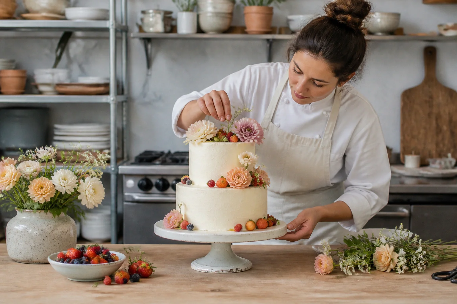 Gâteau de mariage préparé dans un atelier — illustration générée par IA
