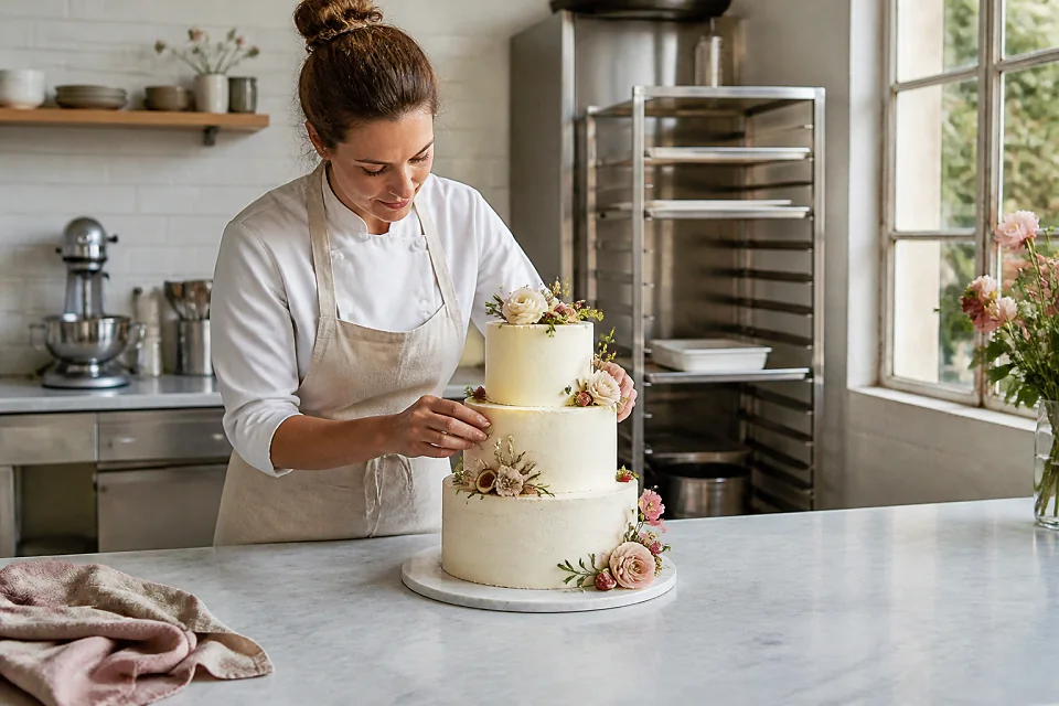 Gâteau de mariage préparé dans un atelier — illustration générée par IA