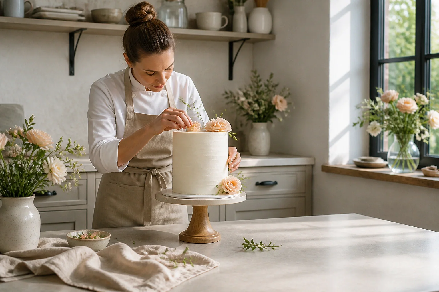 Gâteau de mariage préparé dans un atelier — illustration générée par IA