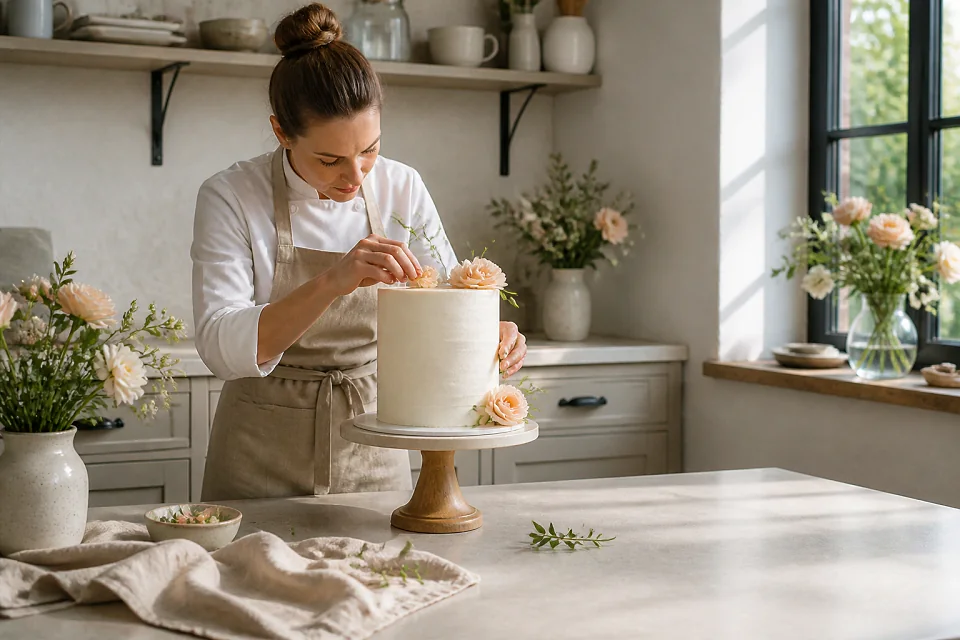 Gâteau de mariage préparé dans un atelier — illustration générée par IA