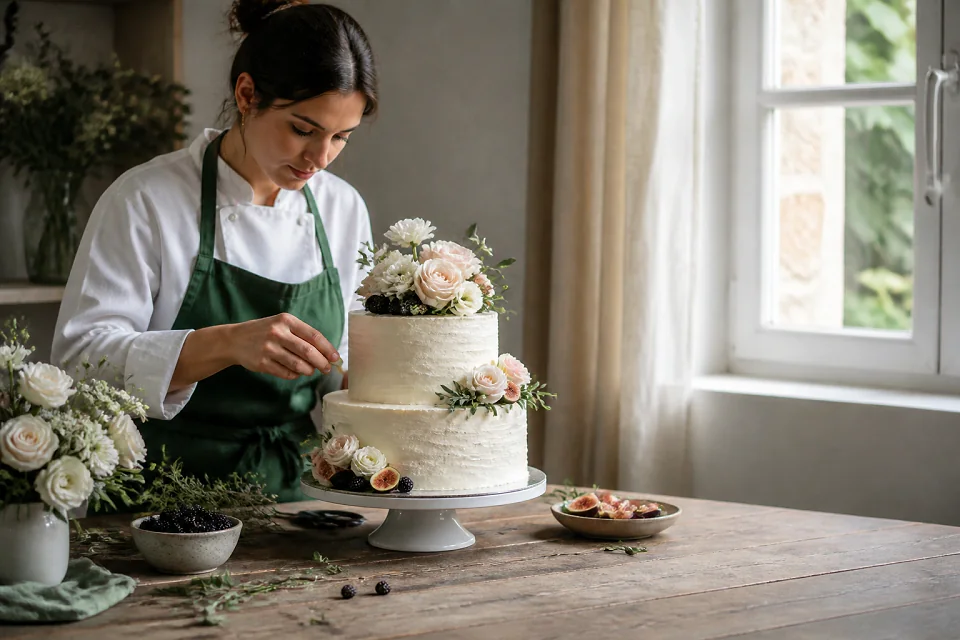 Gâteau de mariage préparé dans un atelier — illustration générée par IA