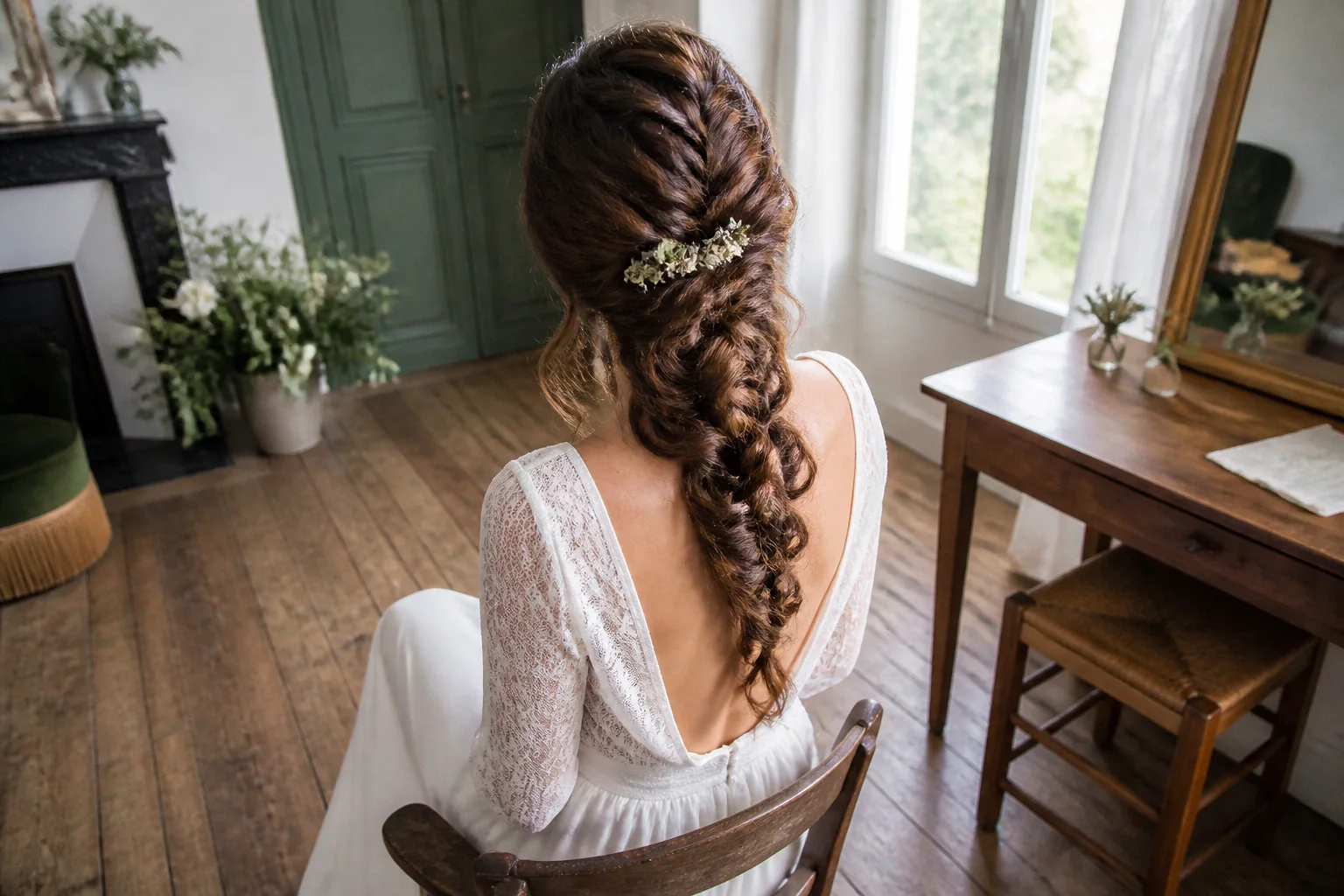 Coiffure de cérémonie vue pendant la préparation — illustration générée par IA