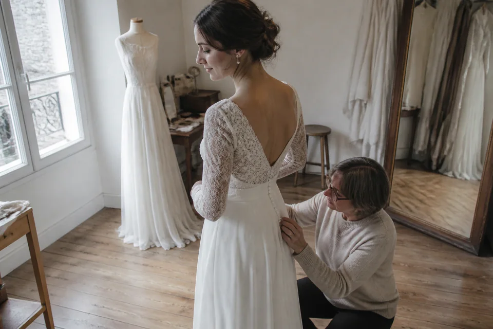 Robe de mariée dans un atelier de confection — illustration générée par IA