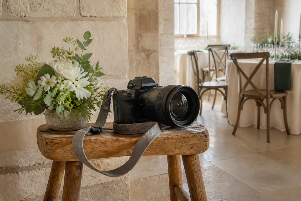 Appareil photo et accessoires de reportage de mariage — illustration générée par IA