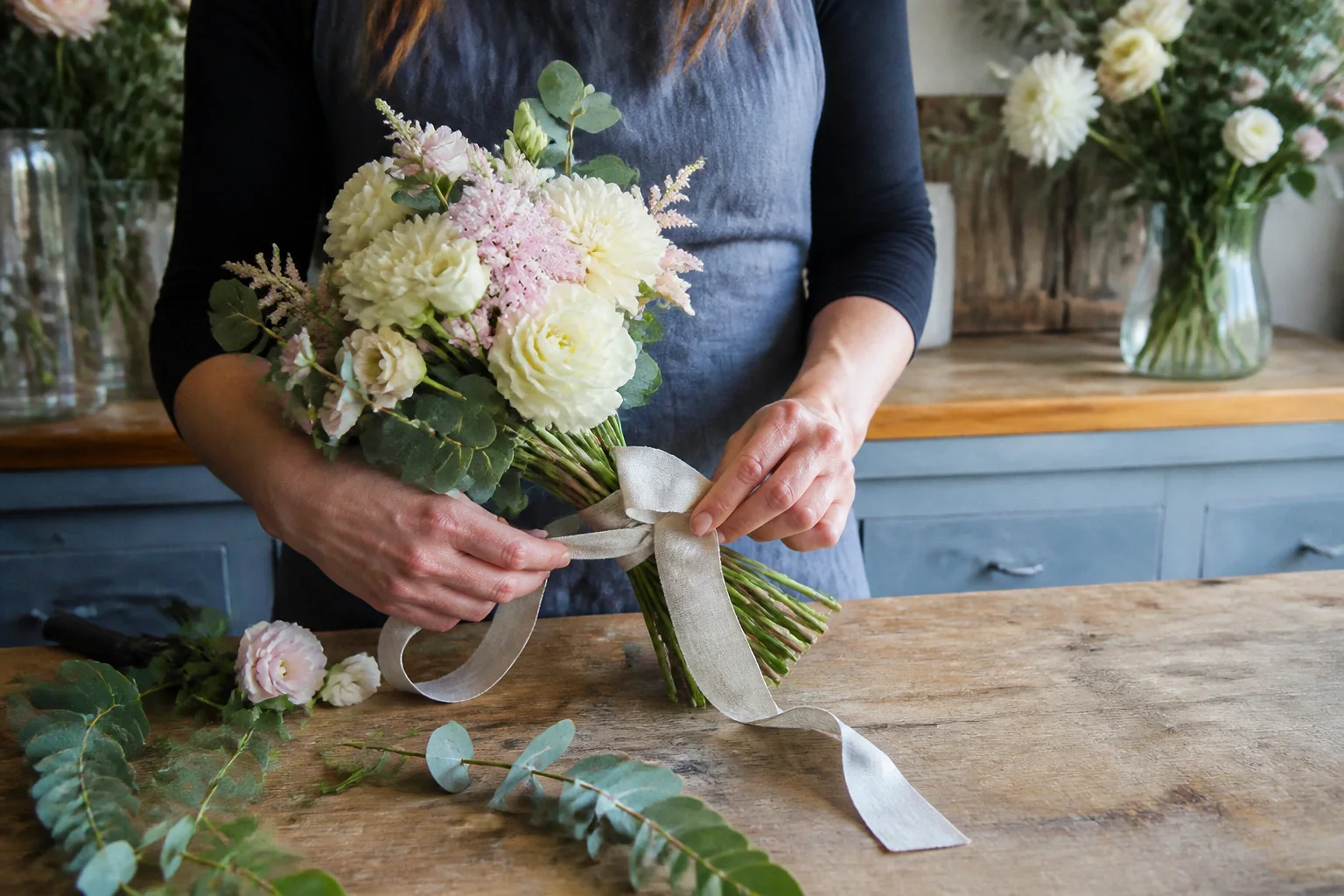 Préparation florale pour un mariage — illustration générée par IA