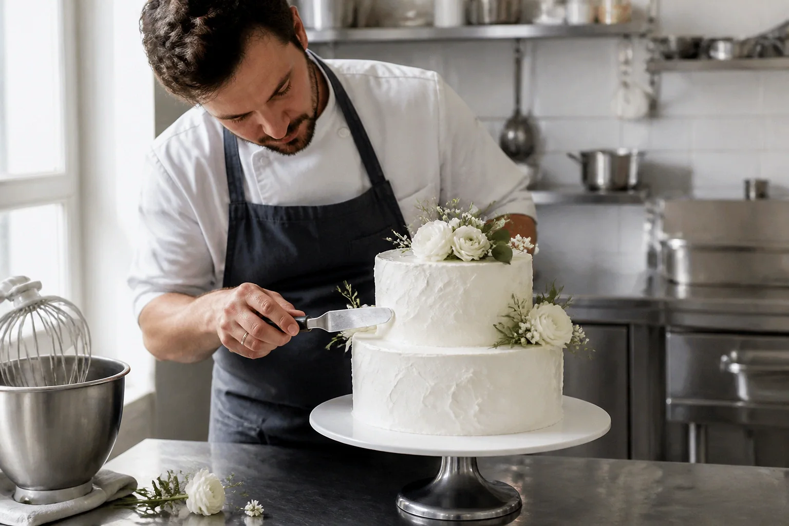 Gâteau de mariage préparé dans un atelier — illustration générée par IA