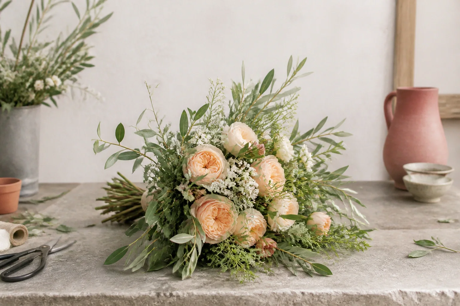 Préparation florale pour un mariage — illustration générée par IA