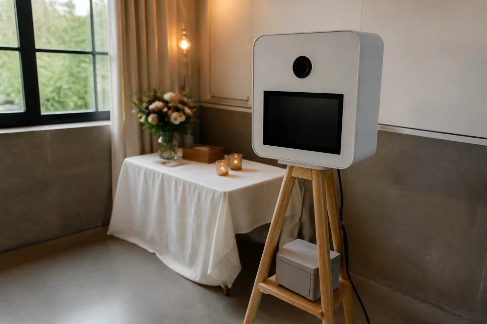 Borne photo installée pour une réception de mariage — illustration générée par IA