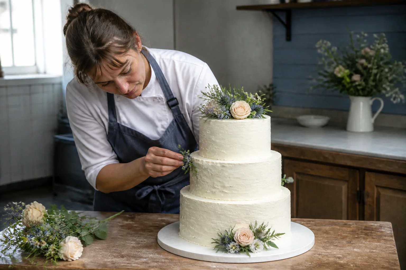 Gâteau de mariage préparé dans un atelier — illustration générée par IA