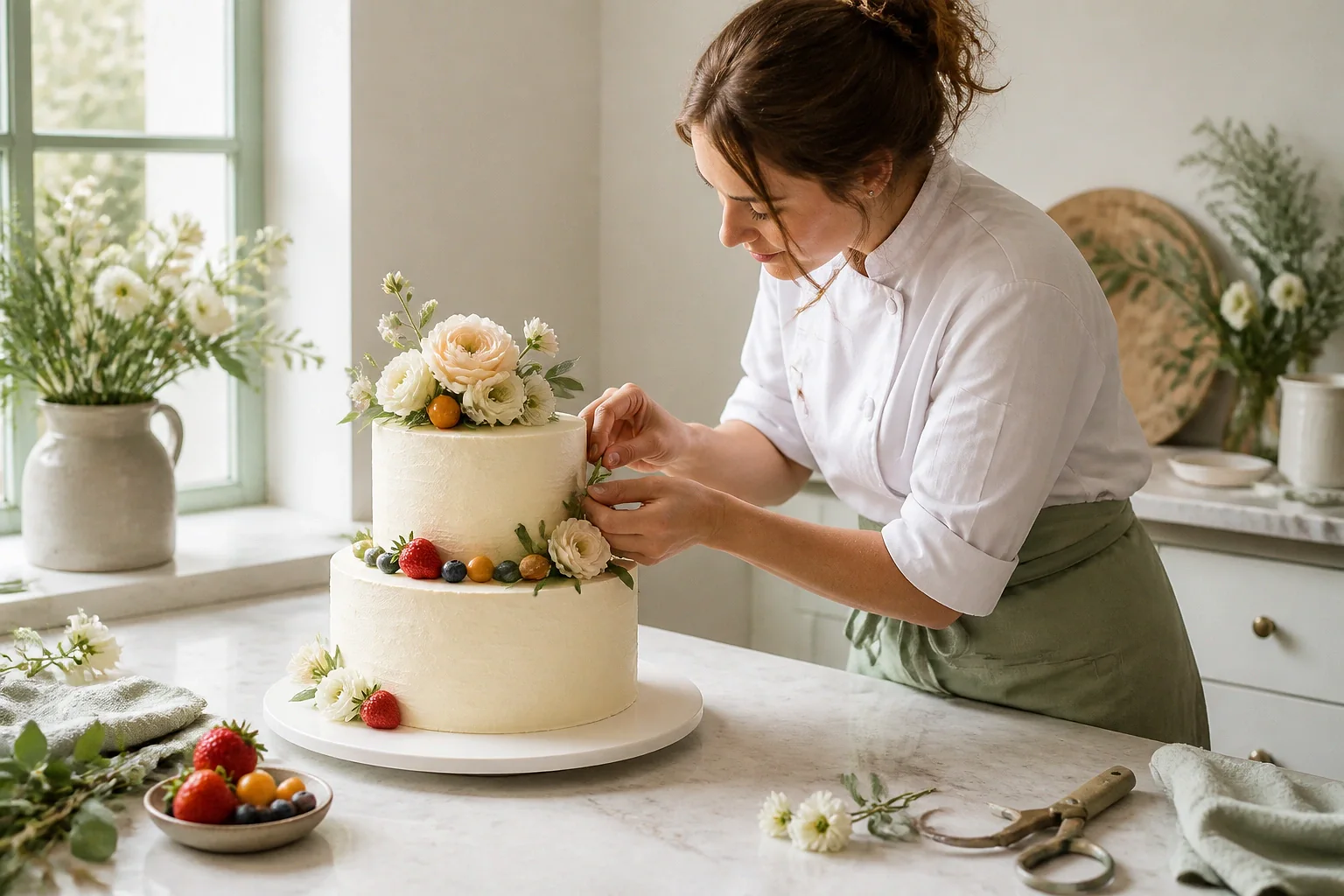 Gâteau de mariage préparé dans un atelier — illustration générée par IA