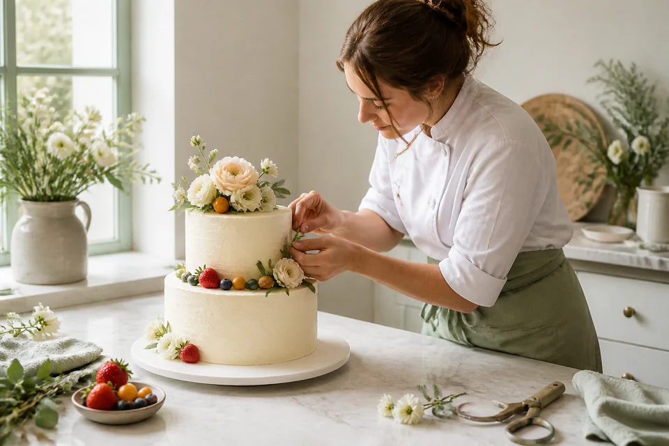 Gâteau de mariage préparé dans un atelier — illustration générée par IA