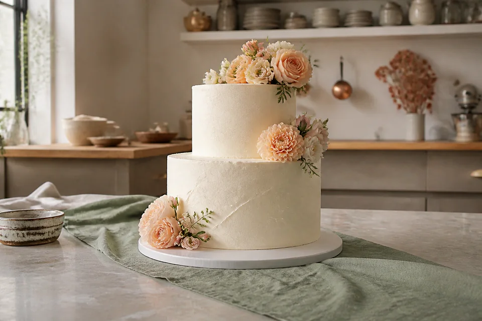 Gâteau de mariage préparé dans un atelier — illustration générée par IA