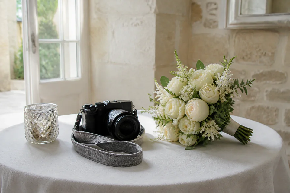 Appareil photo et accessoires de reportage de mariage — illustration générée par IA