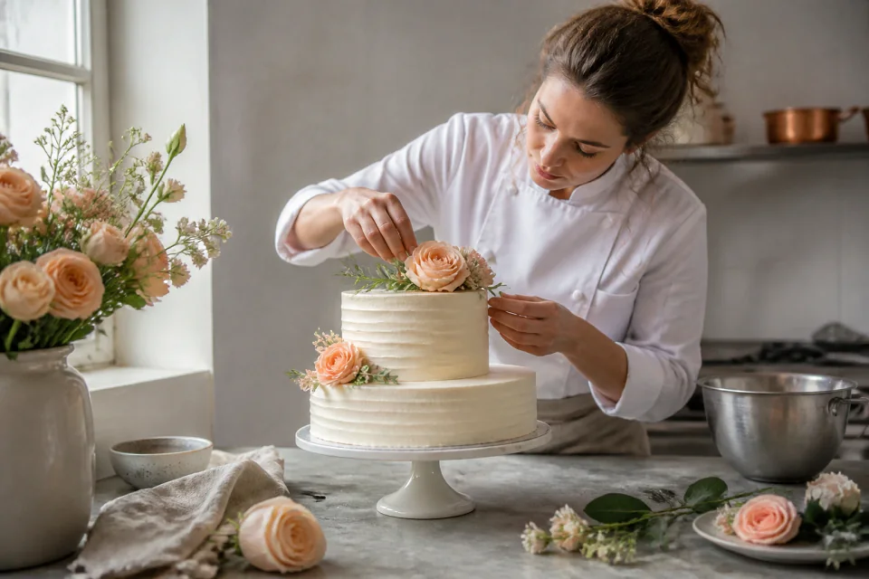 Gâteau de mariage préparé dans un atelier — illustration générée par IA