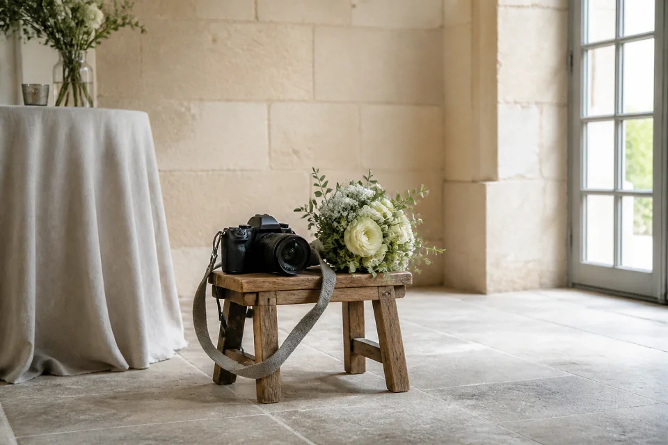 Appareil photo et accessoires de reportage de mariage — illustration générée par IA