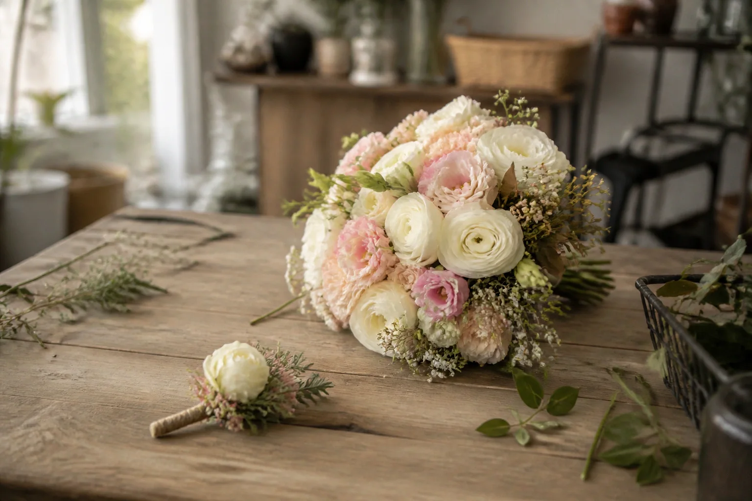 Préparation florale pour un mariage — illustration générée par IA