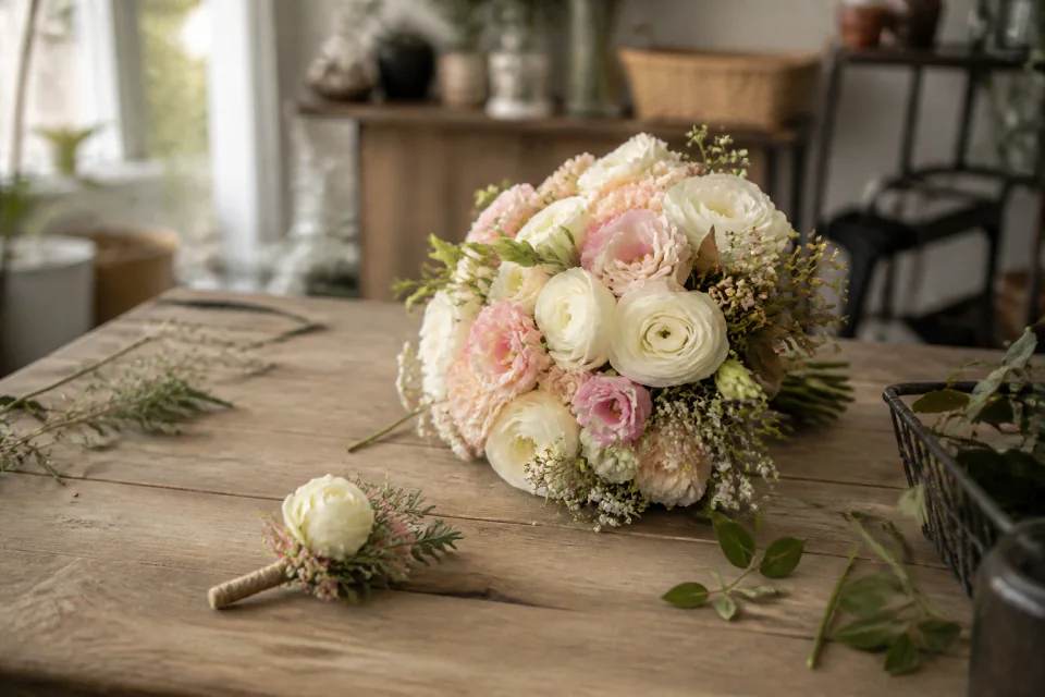 Préparation florale pour un mariage — illustration générée par IA