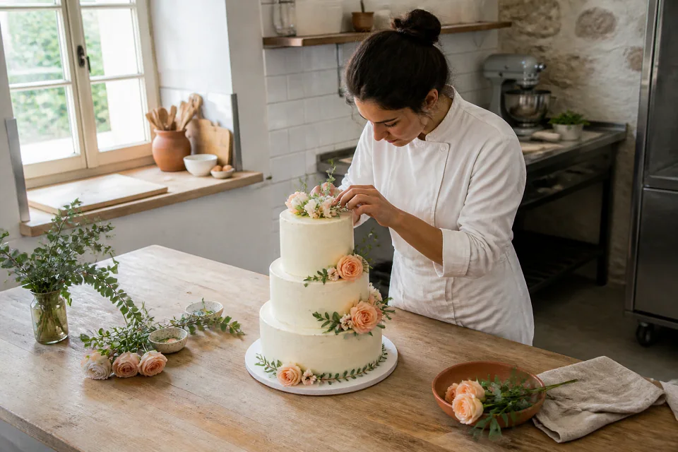 Gâteau de mariage préparé dans un atelier — illustration générée par IA