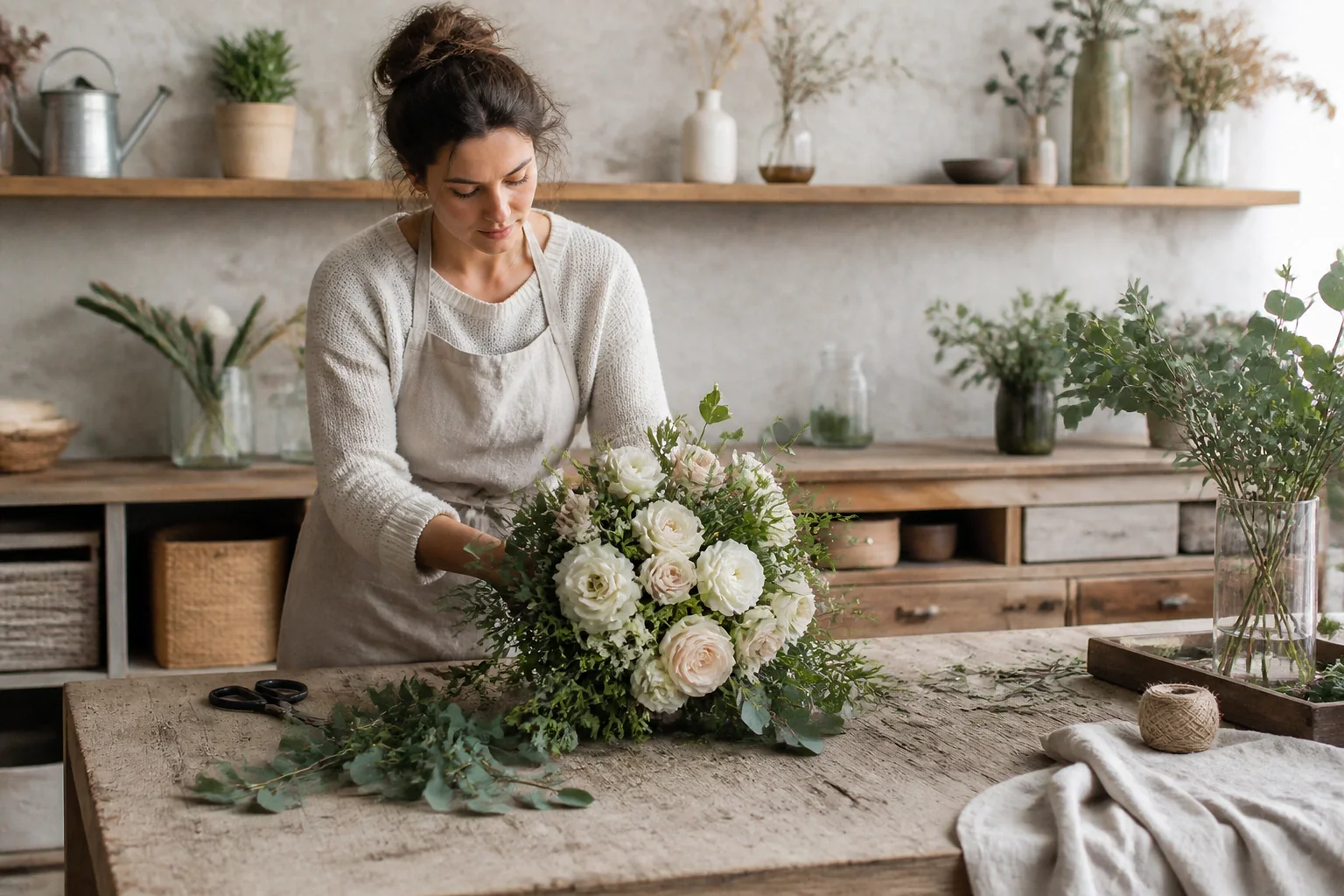 Préparation florale pour un mariage — illustration générée par IA