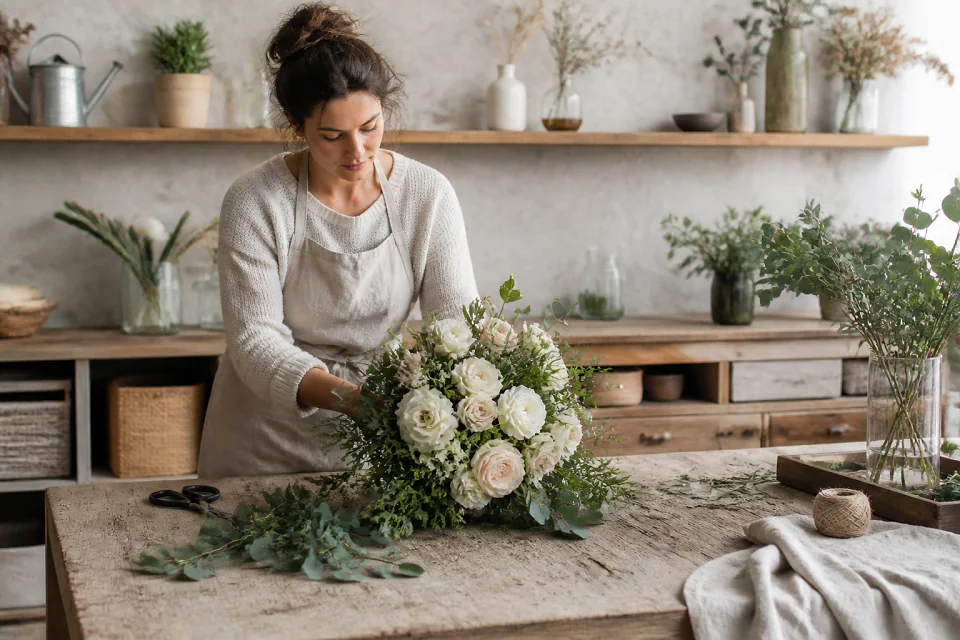 Préparation florale pour un mariage — illustration générée par IA