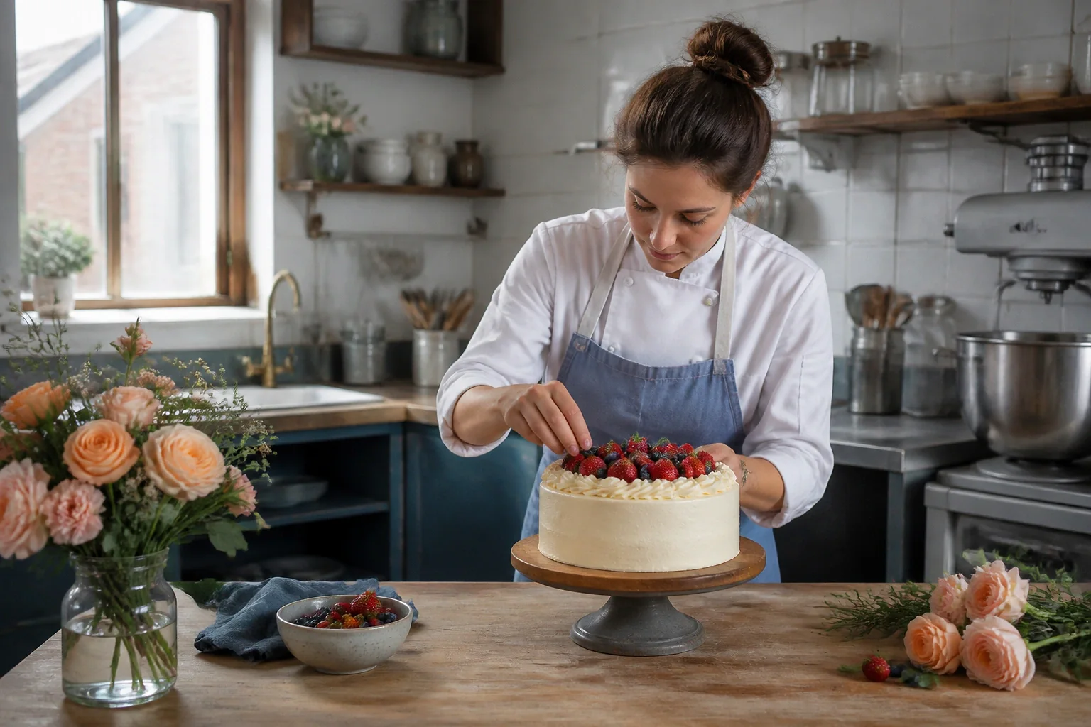 Gâteau de mariage préparé dans un atelier — illustration générée par IA