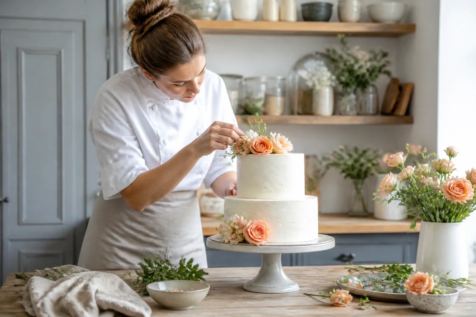Gâteau de mariage préparé dans un atelier — illustration générée par IA