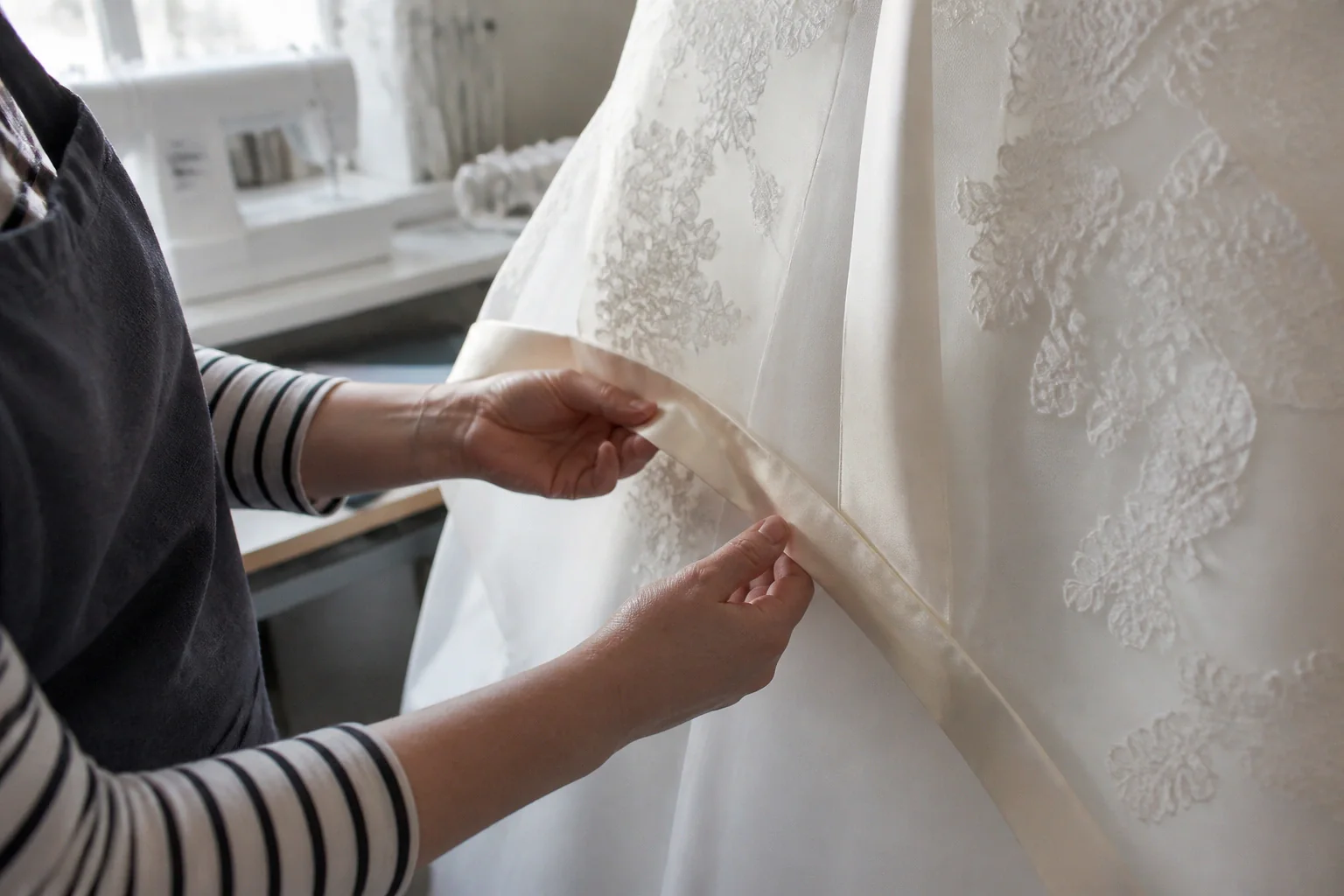 Robe de mariée dans un atelier de confection — illustration générée par IA
