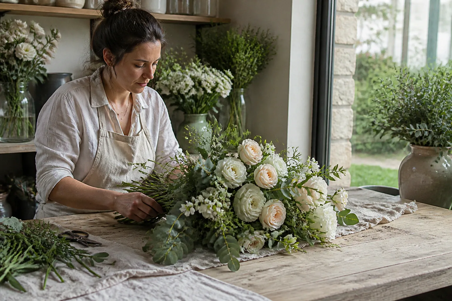 Préparation florale pour un mariage — illustration générée par IA