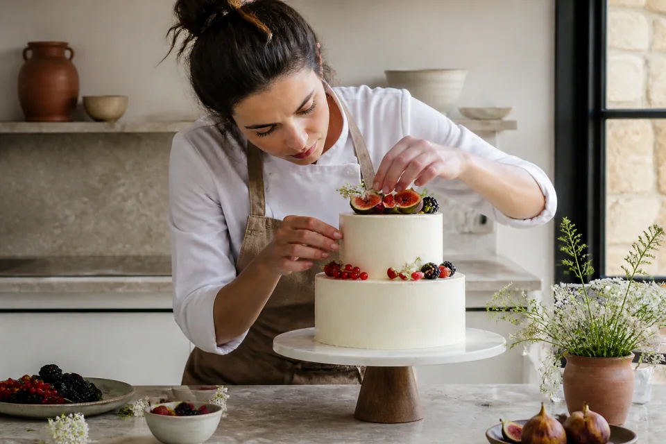 Gâteau de mariage préparé dans un atelier — illustration générée par IA