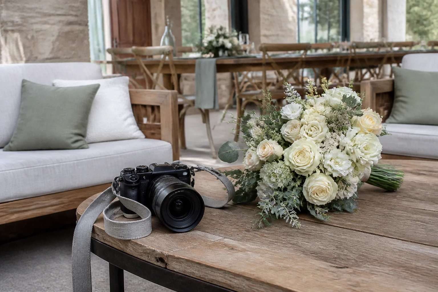 Appareil photo et accessoires de reportage de mariage — illustration générée par IA