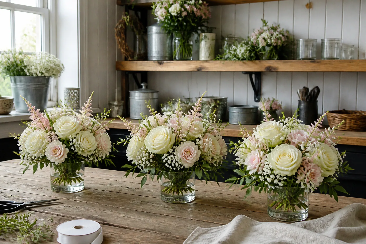 Préparation florale pour un mariage — illustration générée par IA