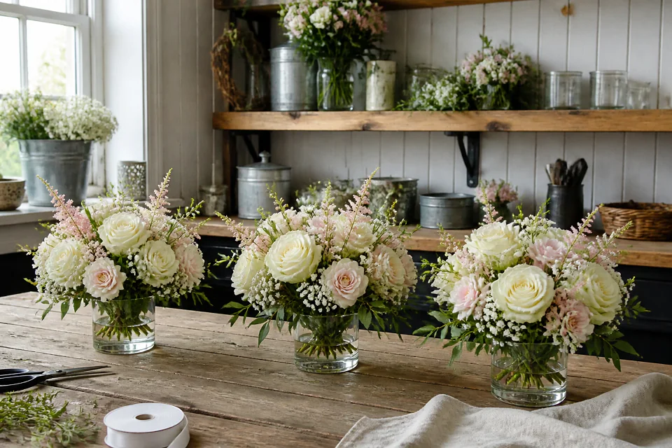 Préparation florale pour un mariage — illustration générée par IA