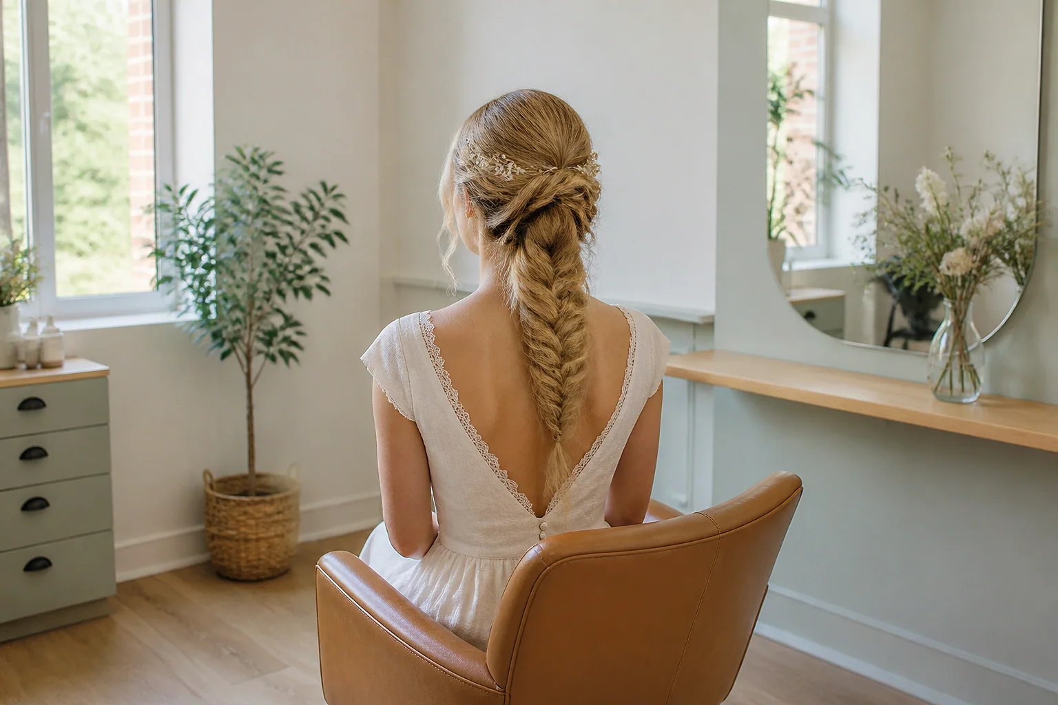Coiffure de cérémonie vue pendant la préparation — illustration générée par IA