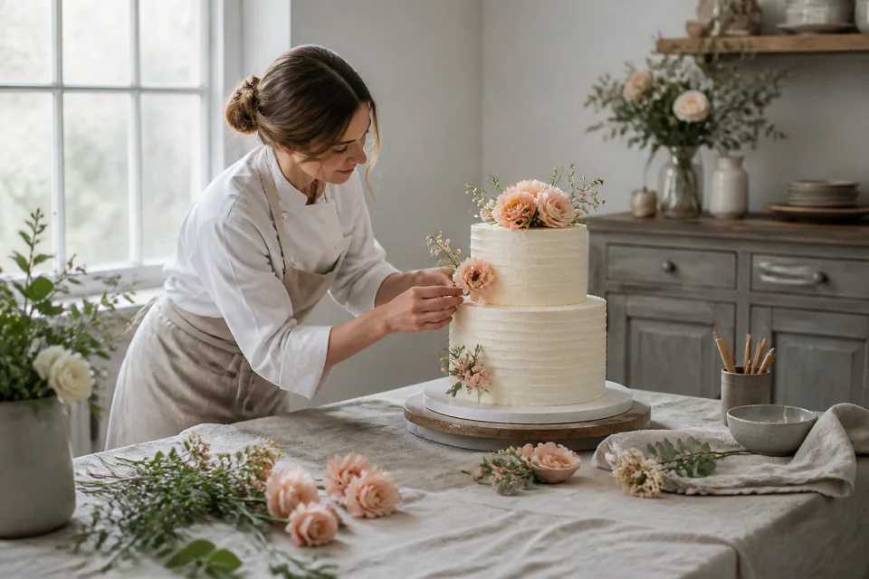 Gâteau de mariage préparé dans un atelier — illustration générée par IA