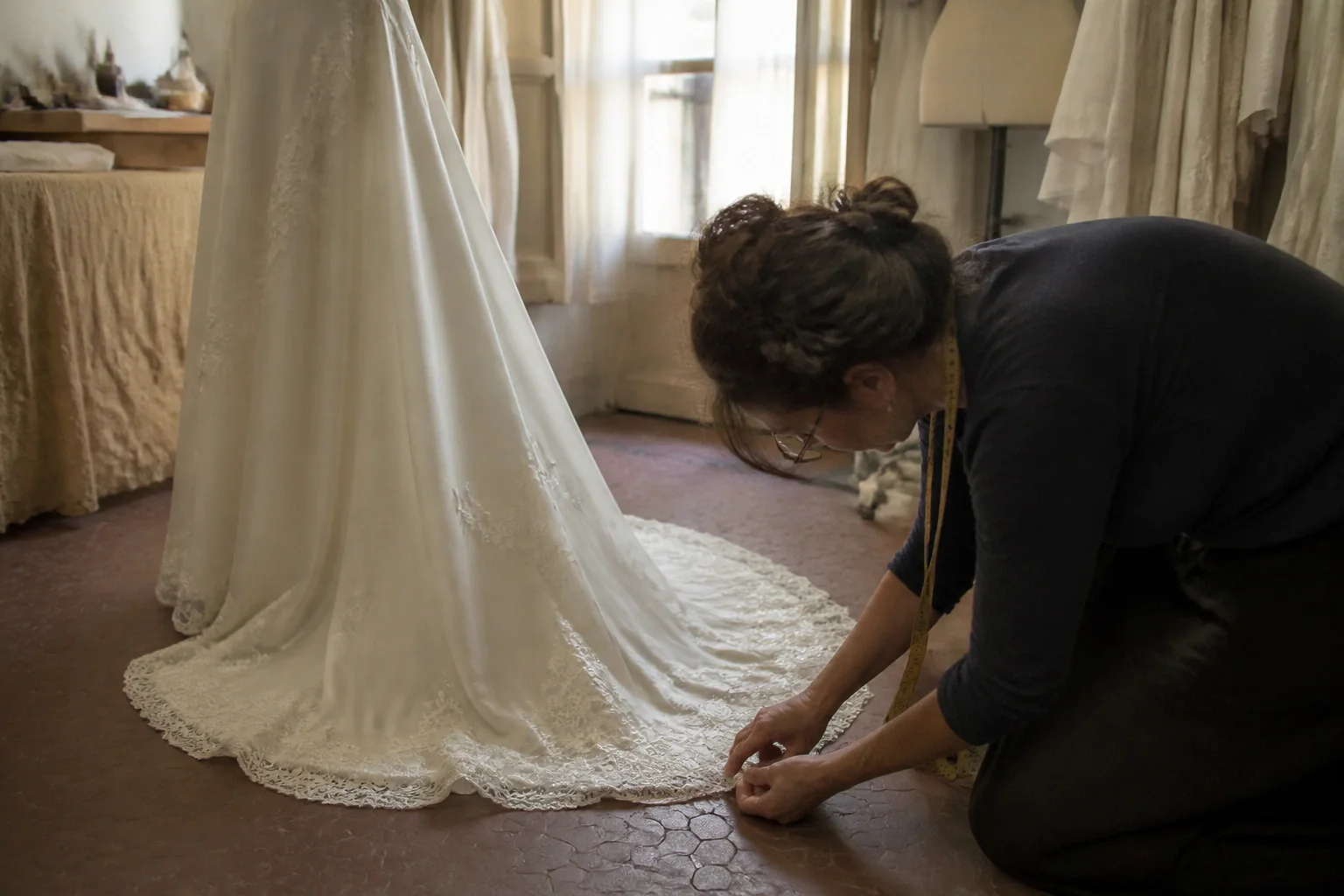 Robe de mariée dans un atelier de confection — illustration générée par IA