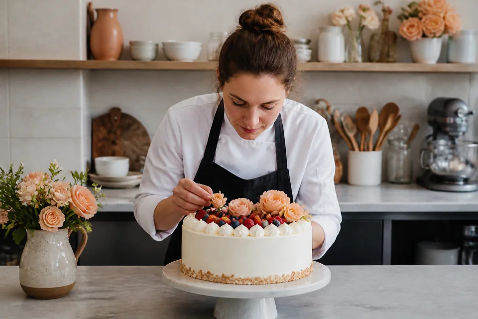 Gâteau de mariage préparé dans un atelier — illustration générée par IA
