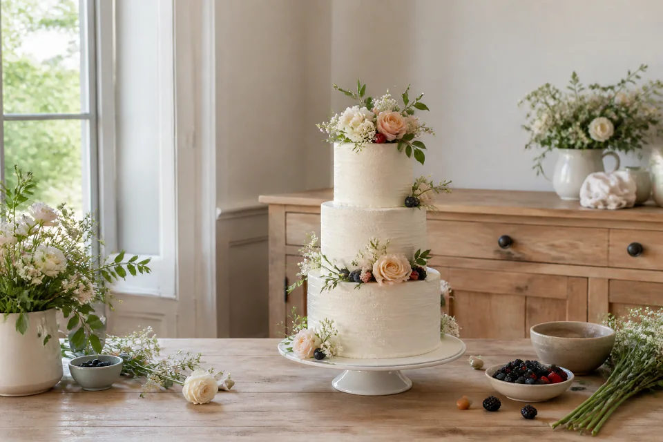 Gâteau de mariage préparé dans un atelier — illustration générée par IA