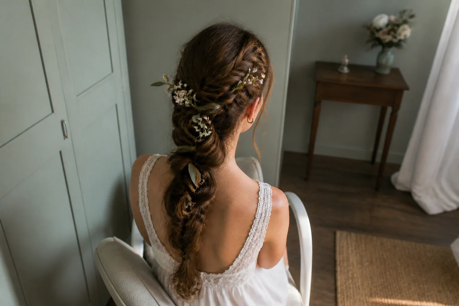Coiffure de cérémonie vue pendant la préparation — illustration générée par IA