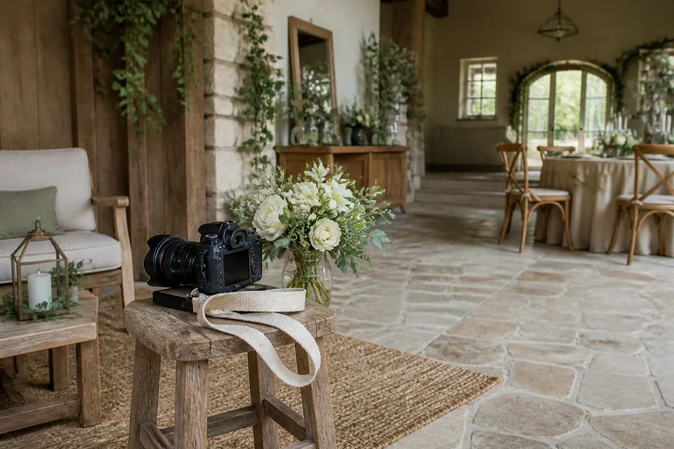 Appareil photo et accessoires de reportage de mariage — illustration générée par IA