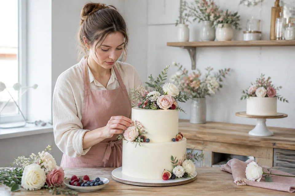 Gâteau de mariage préparé dans un atelier — illustration générée par IA