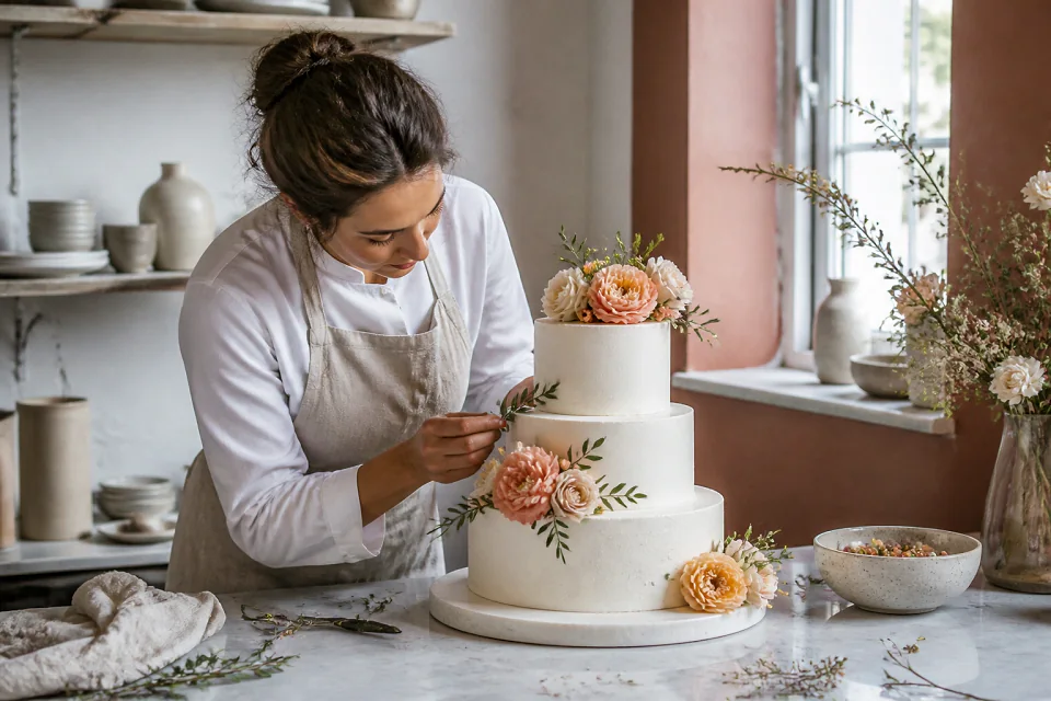 Gâteau de mariage préparé dans un atelier — illustration générée par IA