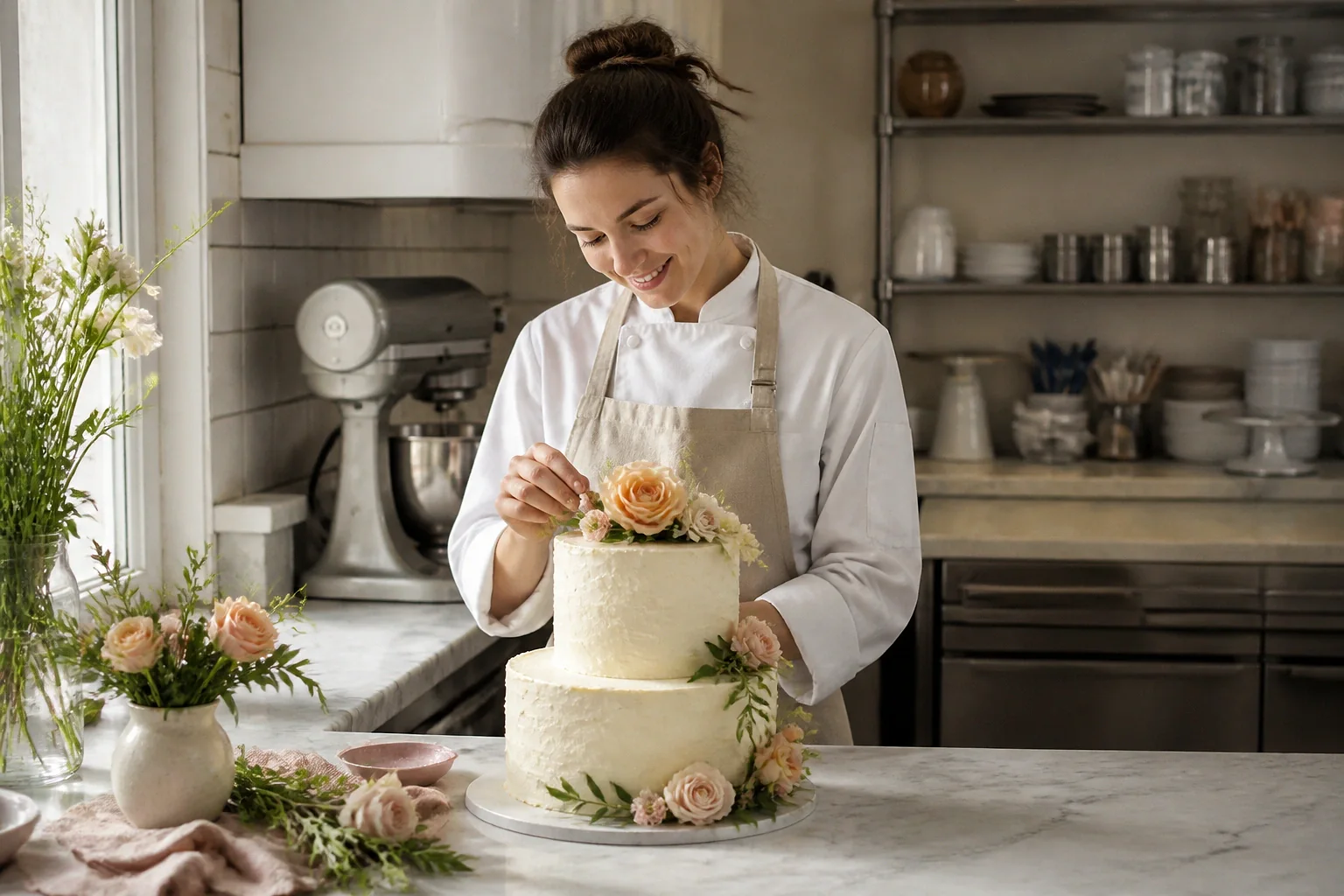 Gâteau de mariage préparé dans un atelier — illustration générée par IA
