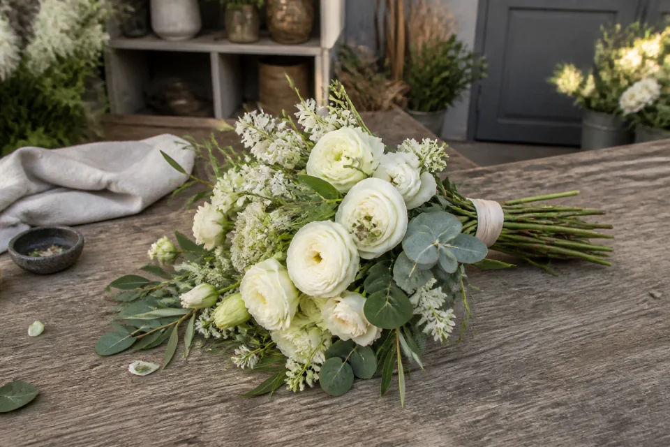 Préparation florale pour un mariage — illustration générée par IA