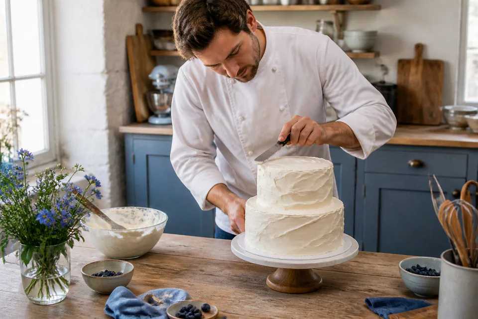 Gâteau de mariage préparé dans un atelier — illustration générée par IA