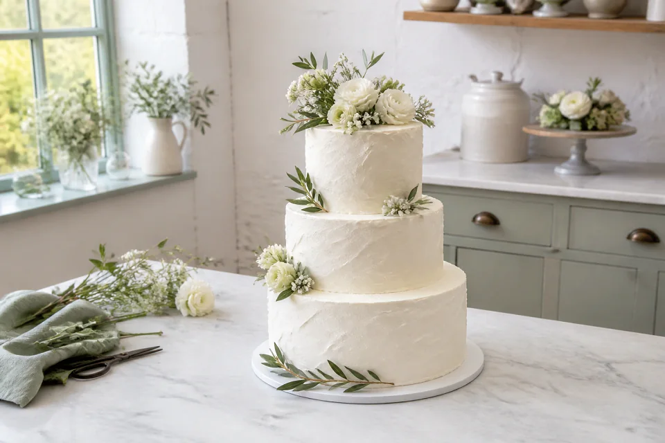 Gâteau de mariage préparé dans un atelier — illustration générée par IA