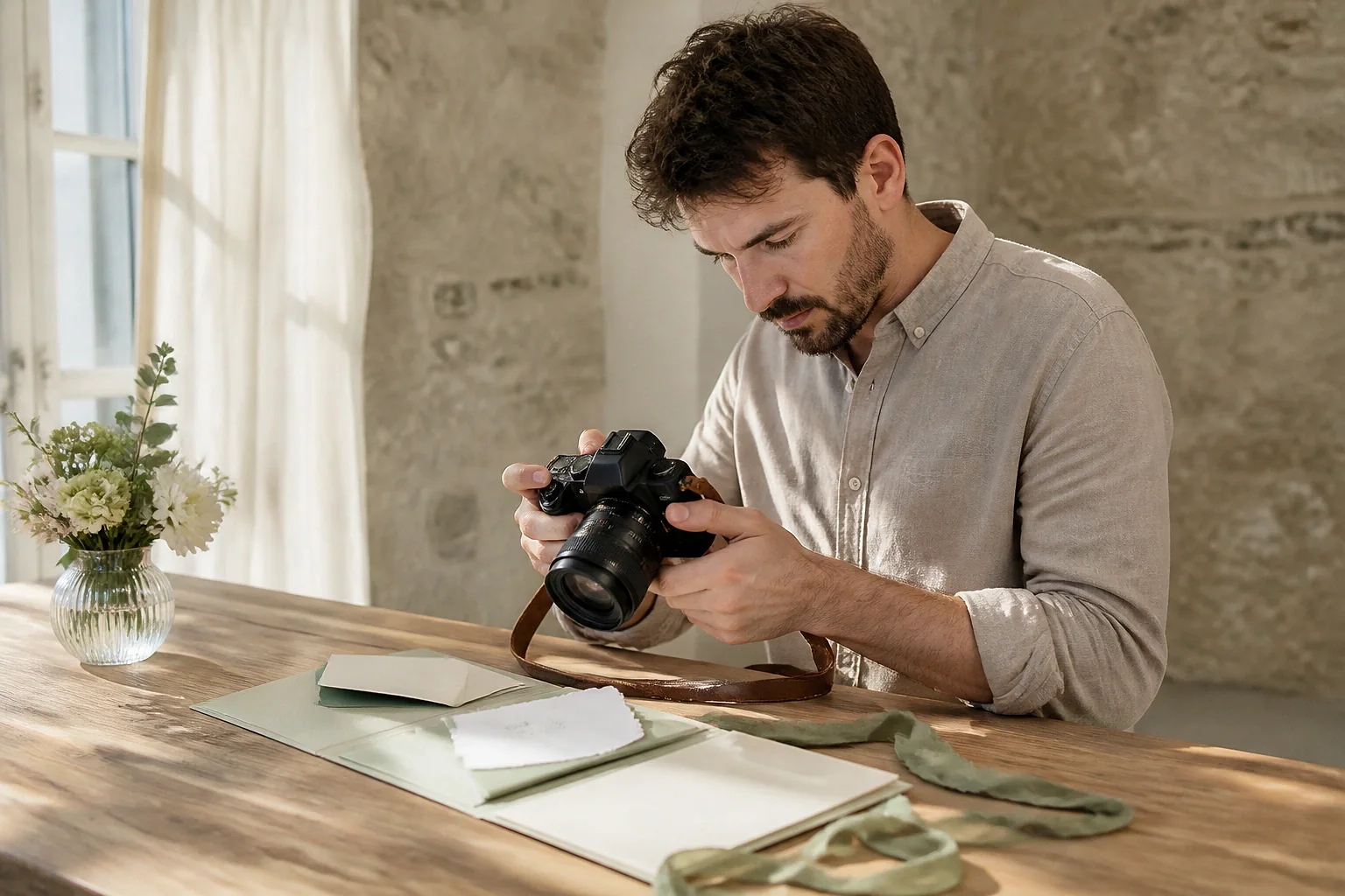 Appareil photo et accessoires de reportage de mariage — illustration générée par IA