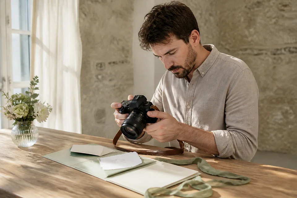 Appareil photo et accessoires de reportage de mariage — illustration générée par IA