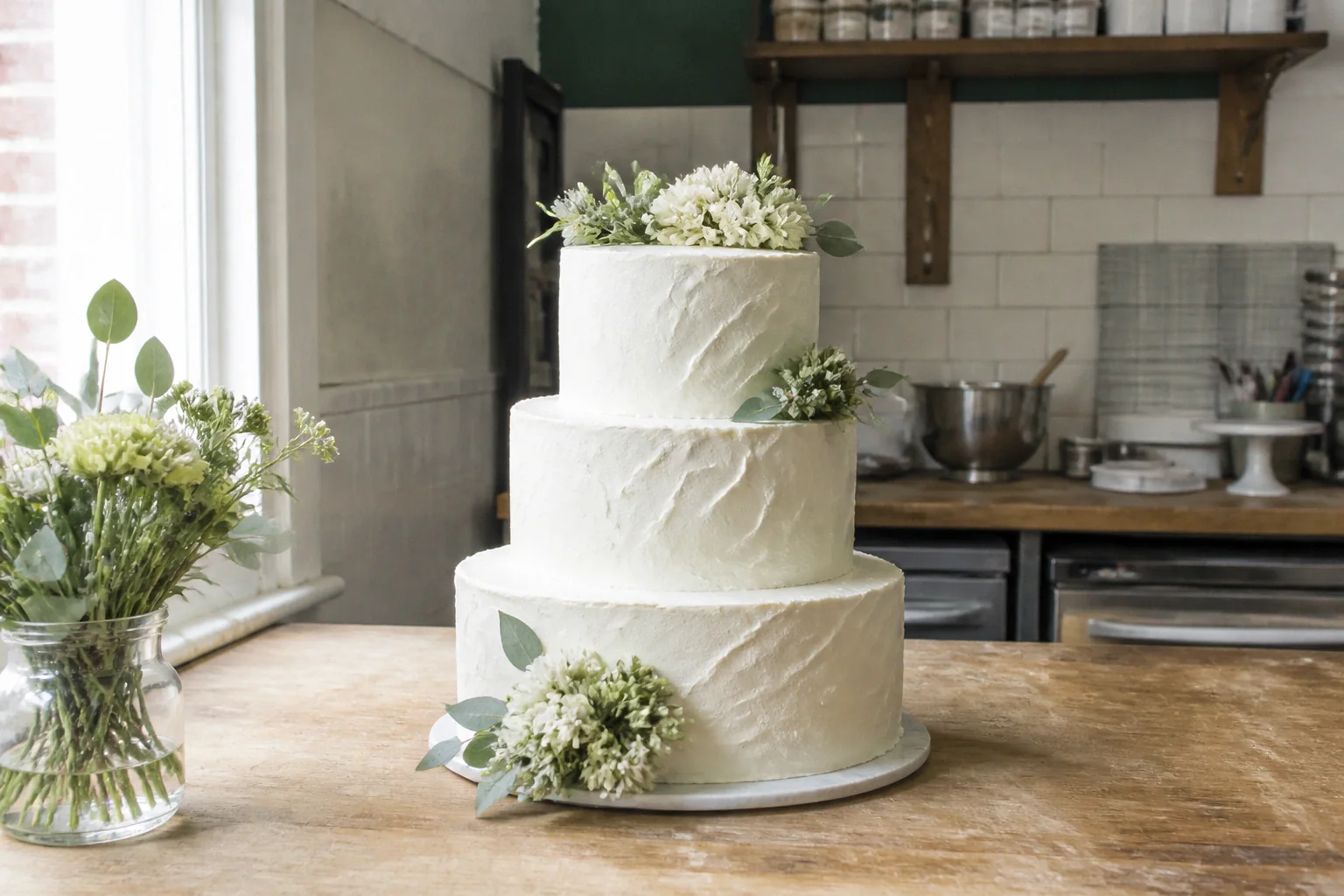 Gâteau de mariage préparé dans un atelier — illustration générée par IA