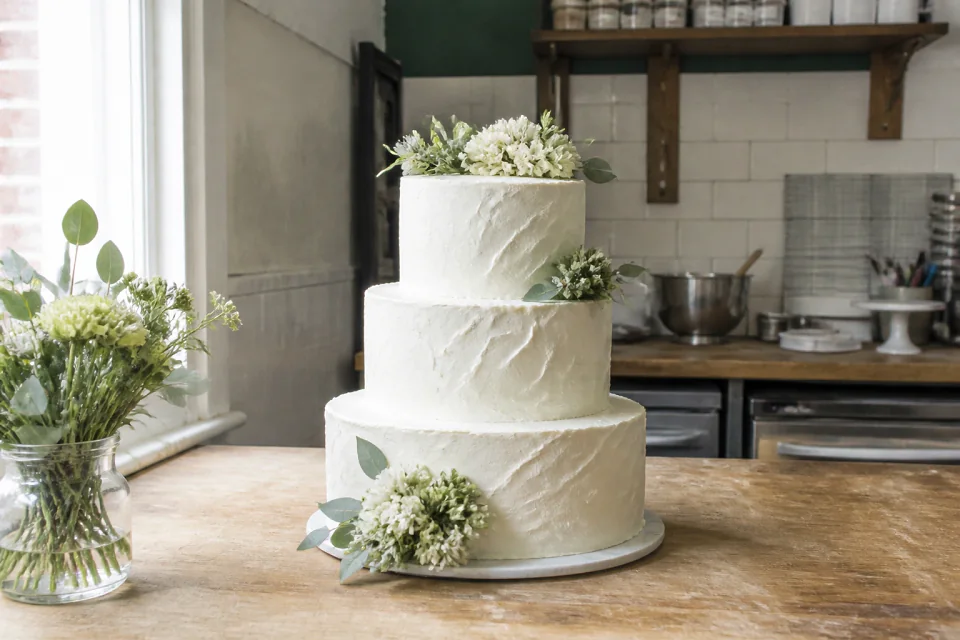 Gâteau de mariage préparé dans un atelier — illustration générée par IA